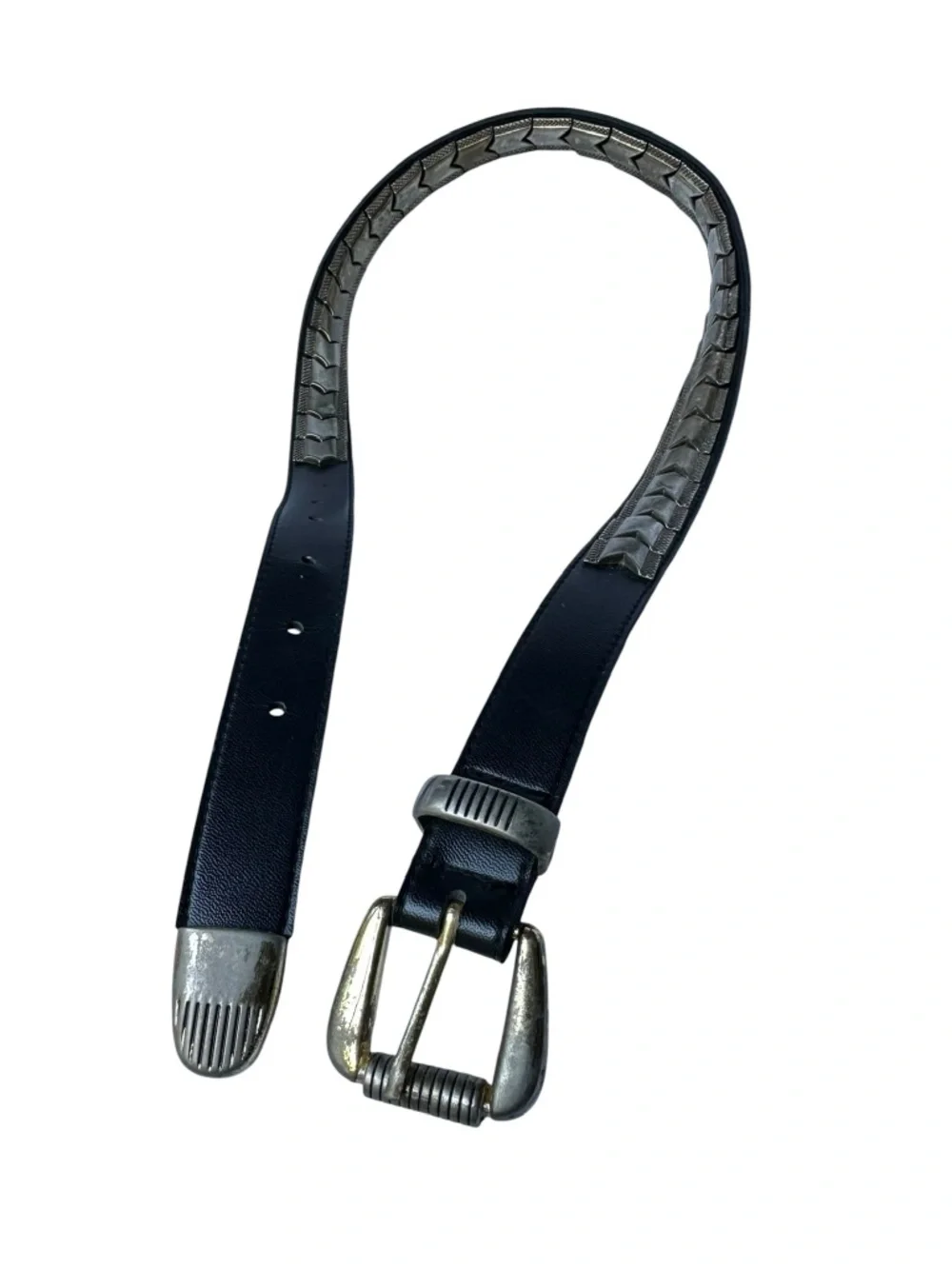 Vintage Black Synthetic Leather & Silver Metal Panels Unisex Belt Size 32 Rock